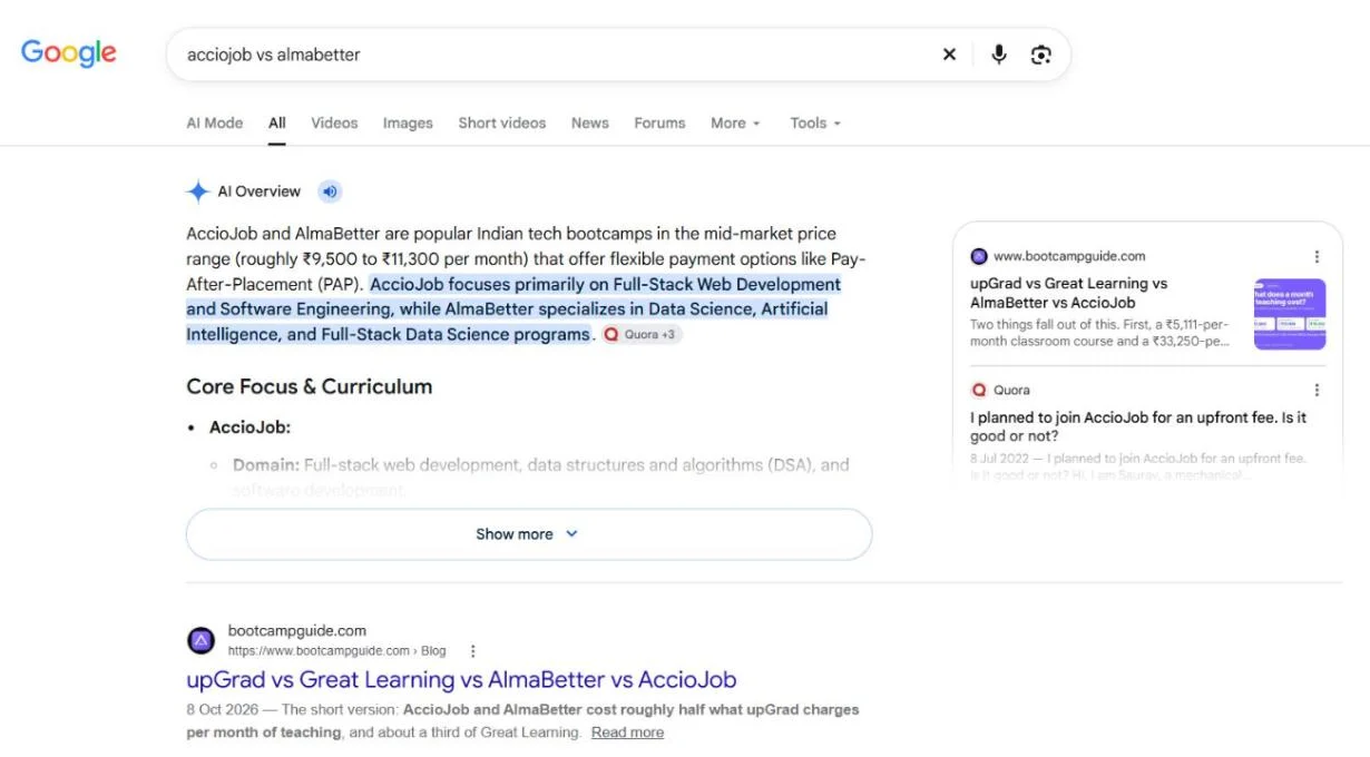 Google search for acciojob vs almabetter: BootcampGuide is the first source in the AI Overview and the top result.
