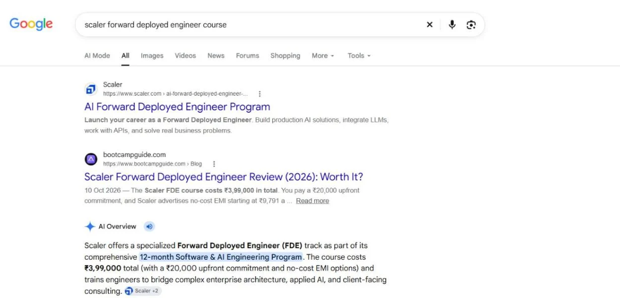 Google search for scaler forward deployed engineer course: BootcampGuide is the second result, after Scaler's own page.