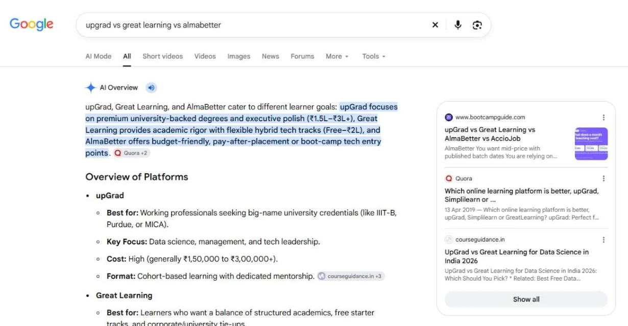 Google search for upgrad vs great learning vs almabetter: BootcampGuide is the first source card in the AI Overview.