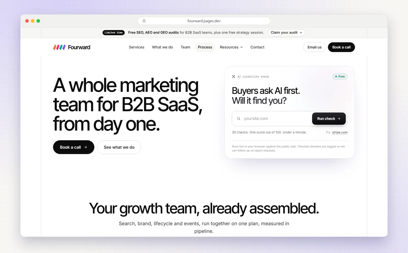 Fourward's homepage with the free AI visibility check: Buyers ask AI first. Will it find you?