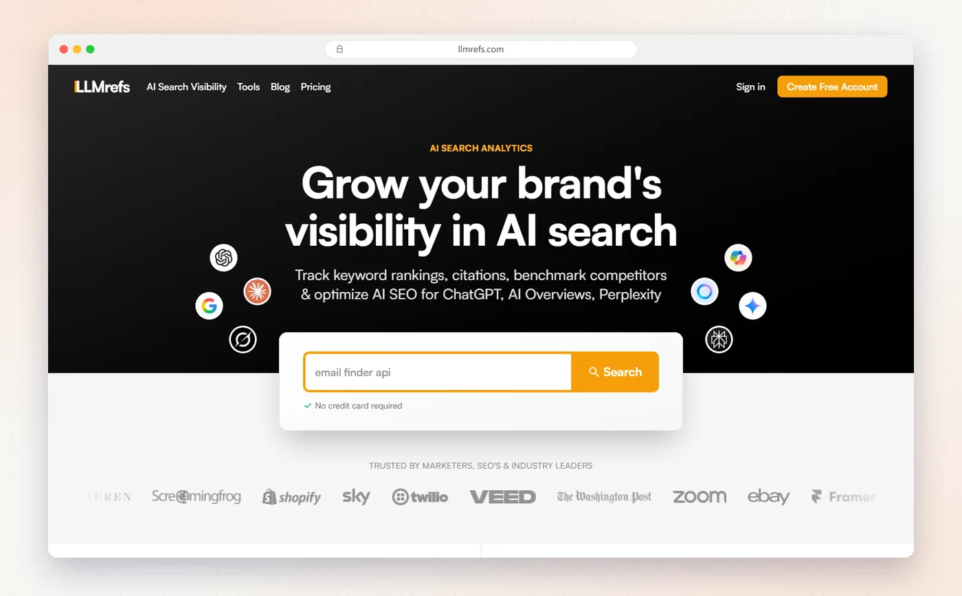 LLMrefs homepage with the headline Grow your brand's visibility in AI search.