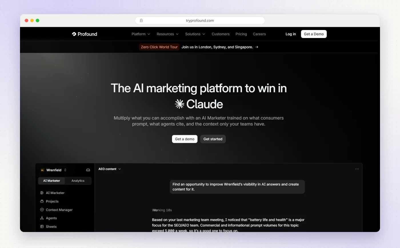 Profound's homepage with the headline The AI marketing platform to win in Claude, and its AI Marketer workspace below.
