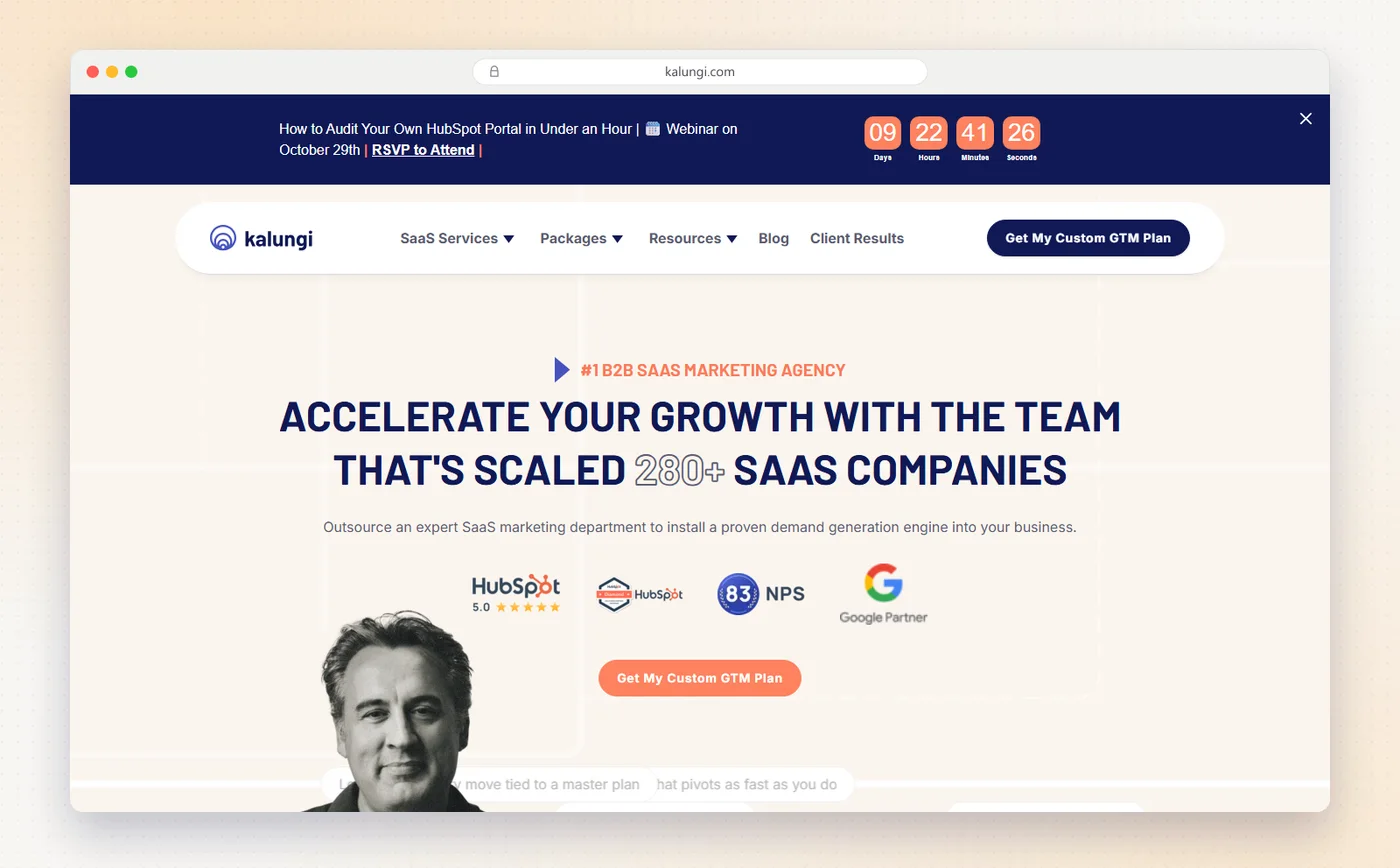 Kalungi's homepage with the headline Accelerate your growth with the team that's scaled 280+ SaaS companies.