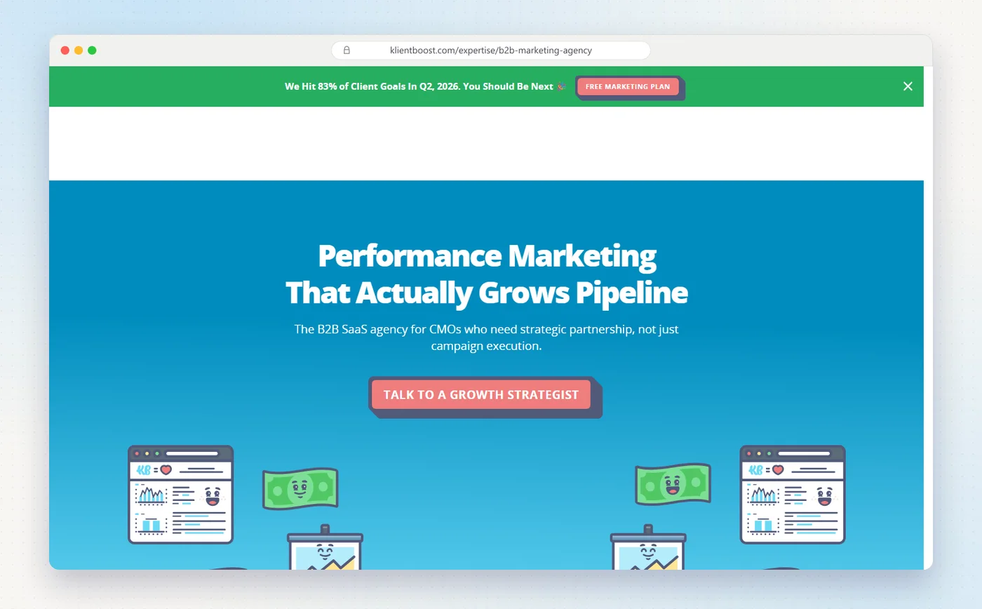 KlientBoost's B2B SaaS marketing agency page with the headline Performance Marketing That Actually Grows Pipeline.