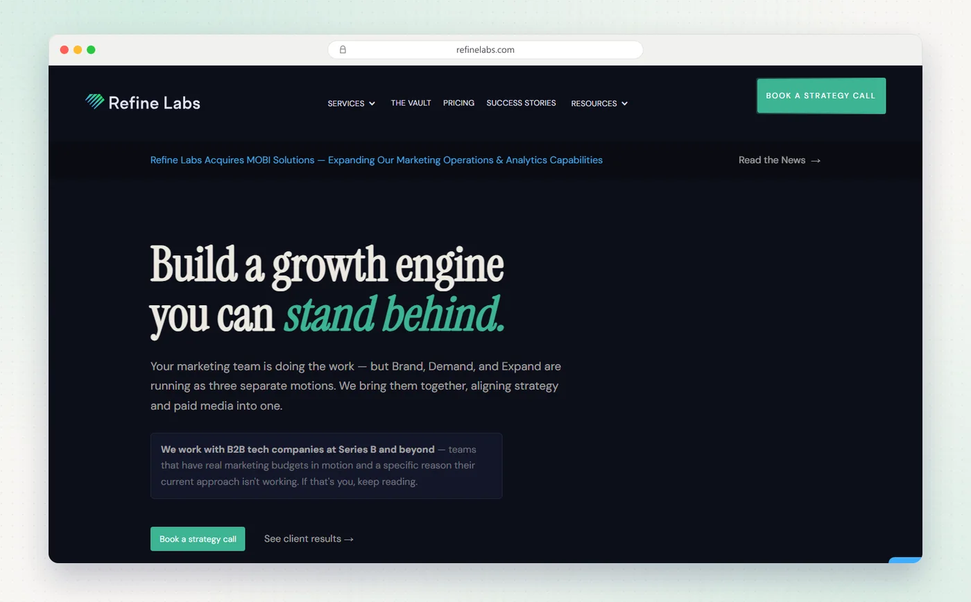Refine Labs' homepage with the headline Build a growth engine you can stand behind.