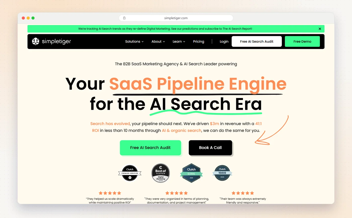 SimpleTiger's homepage with the headline Your SaaS Pipeline Engine for the AI Search Era.