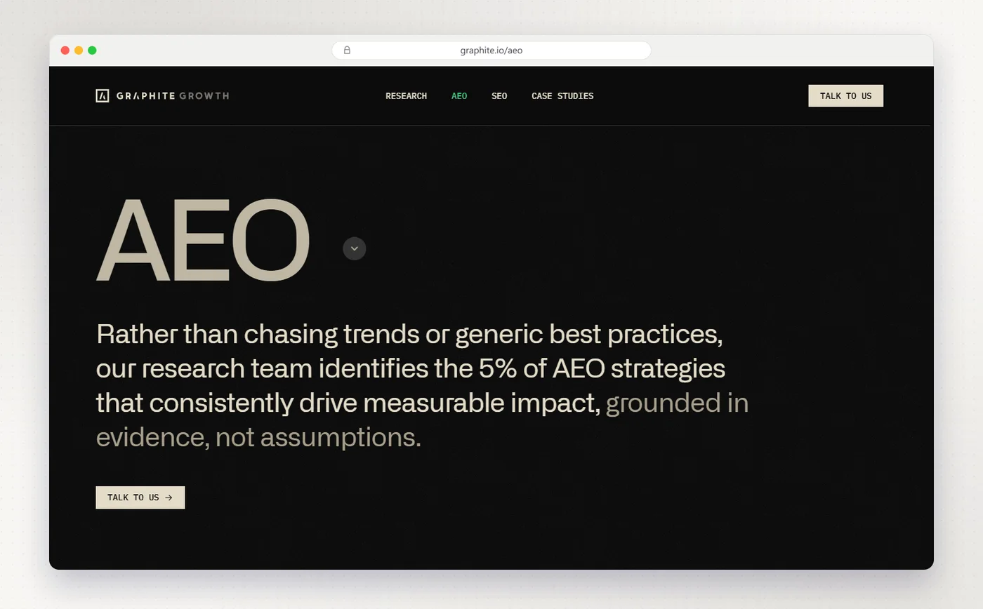 Graphite's AEO page, which says its research team finds the 5% of AEO strategies that drive measurable impact.