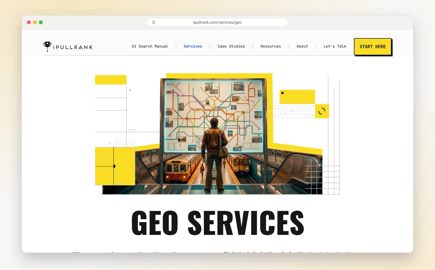 iPullRank's GEO services page with the headline GEO Services.