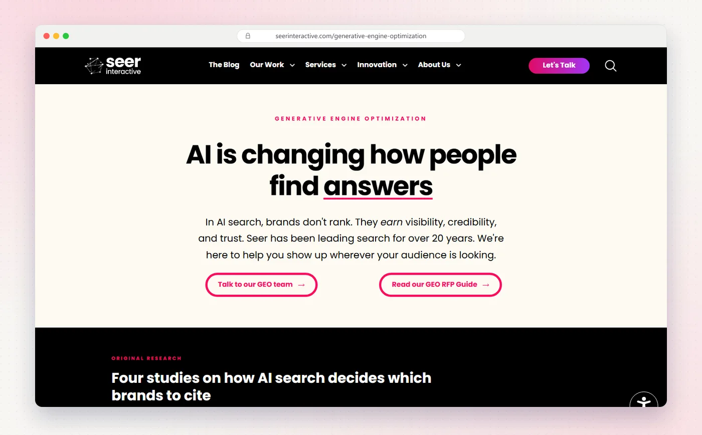 Seer Interactive's generative engine optimization page with the headline AI is changing how people find answers.