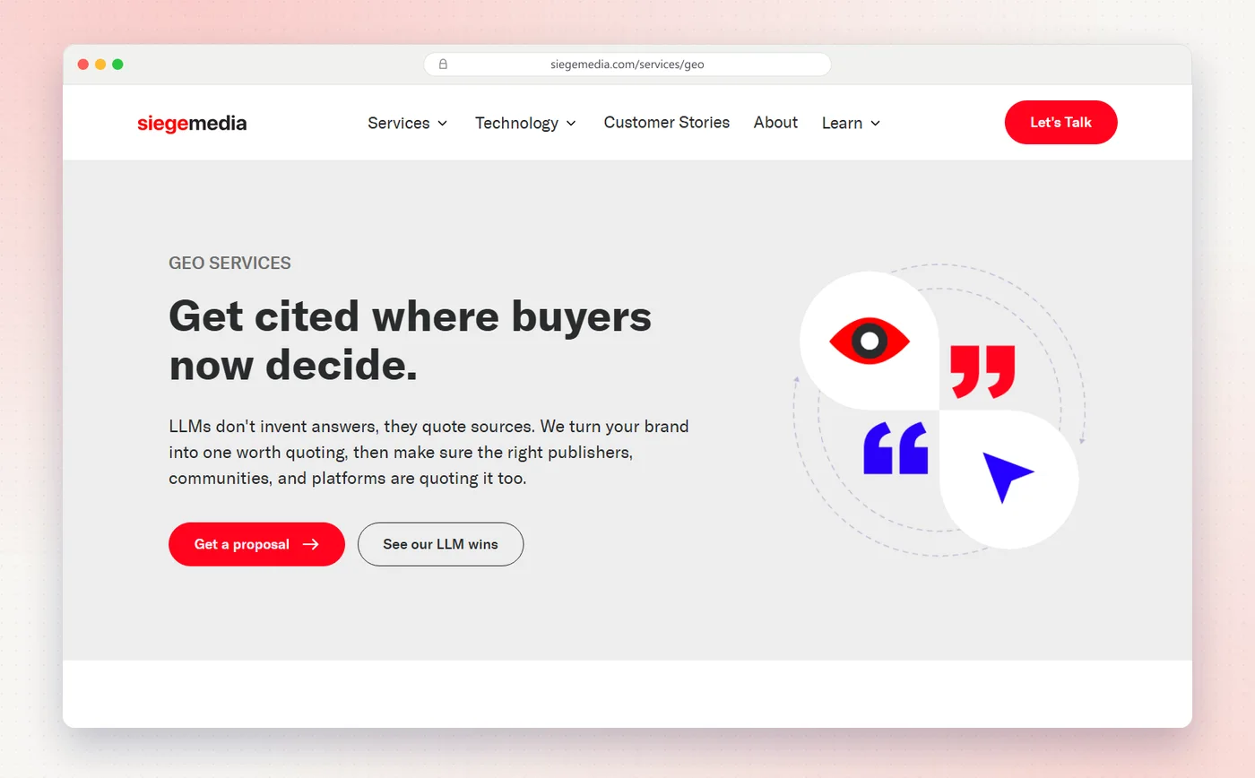Siege Media's GEO services page with the headline Get cited where buyers now decide.