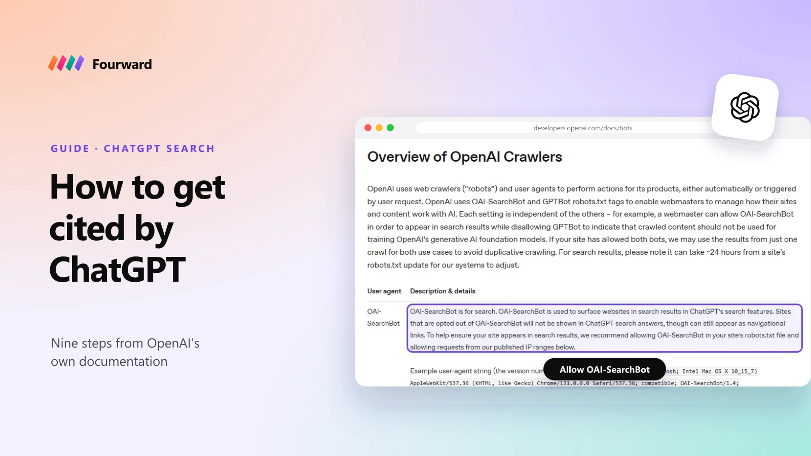 How to get cited by ChatGPT: OpenAI's crawler documentation in a browser frame, with the OAI-SearchBot section highlighted.