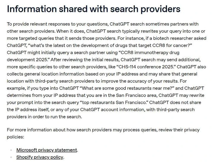 OpenAI's help centre explaining that ChatGPT search rewrites a question into targeted queries for search partners, with the CCR8 example, and listing Microsoft's and Shopify's privacy policies.