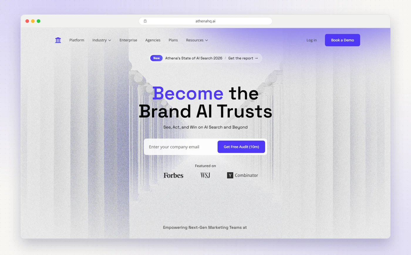 AthenaHQ's homepage with the headline Become the brand AI trusts and a free audit form.