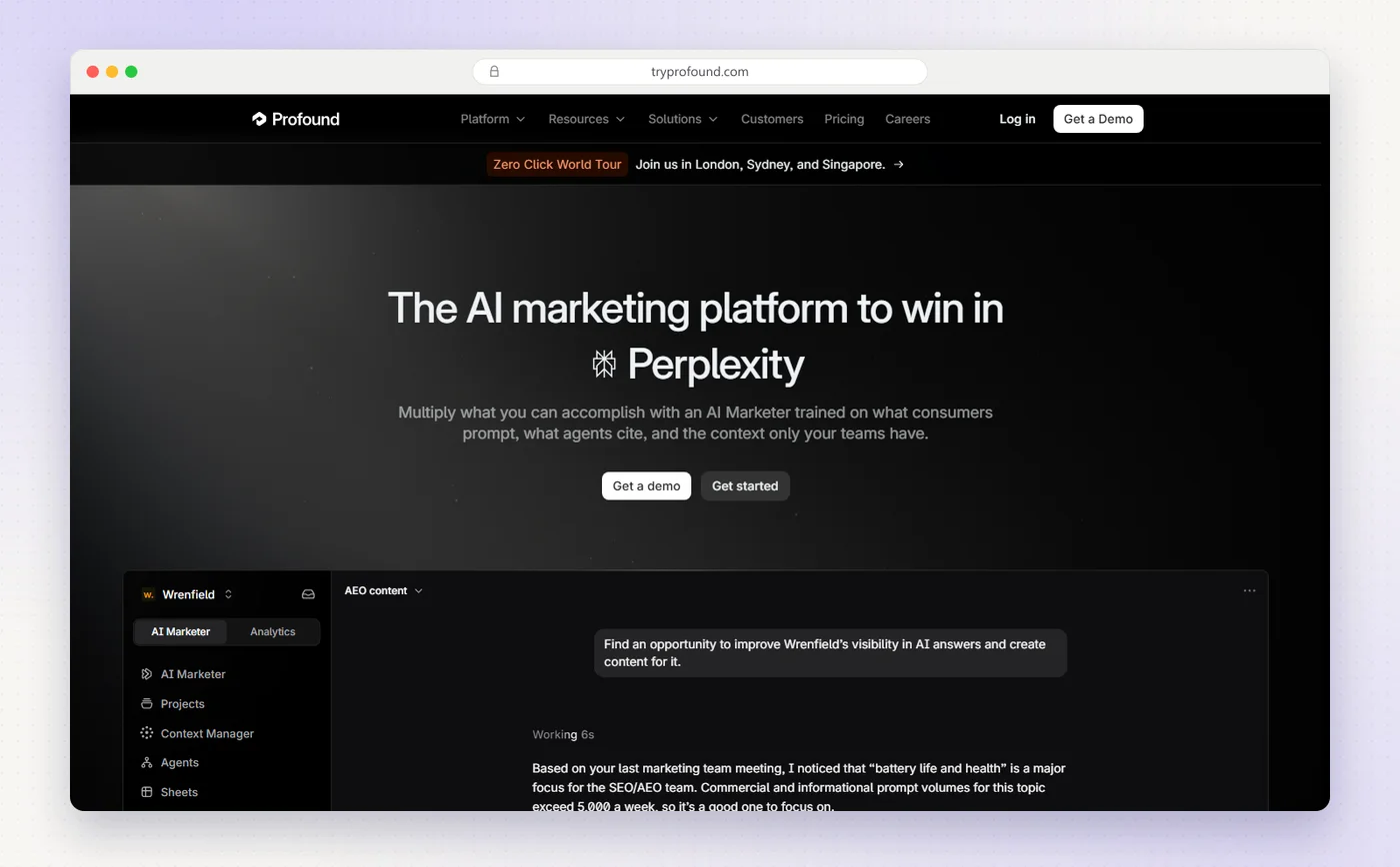 Profound's homepage: The AI marketing platform to win in Perplexity, with its AI Marketer workspace below.