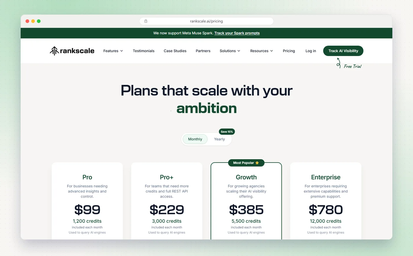 Rankscale's pricing page showing Pro at $99, Pro+ at $229, Growth at $385 and Enterprise at $780 a month.