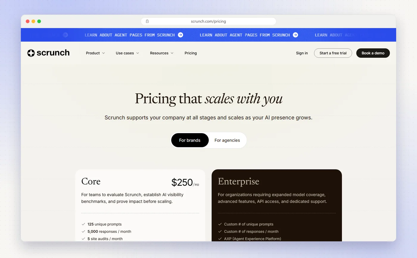 Scrunch's pricing page showing the Core plan at $250 a month and a custom Enterprise plan.