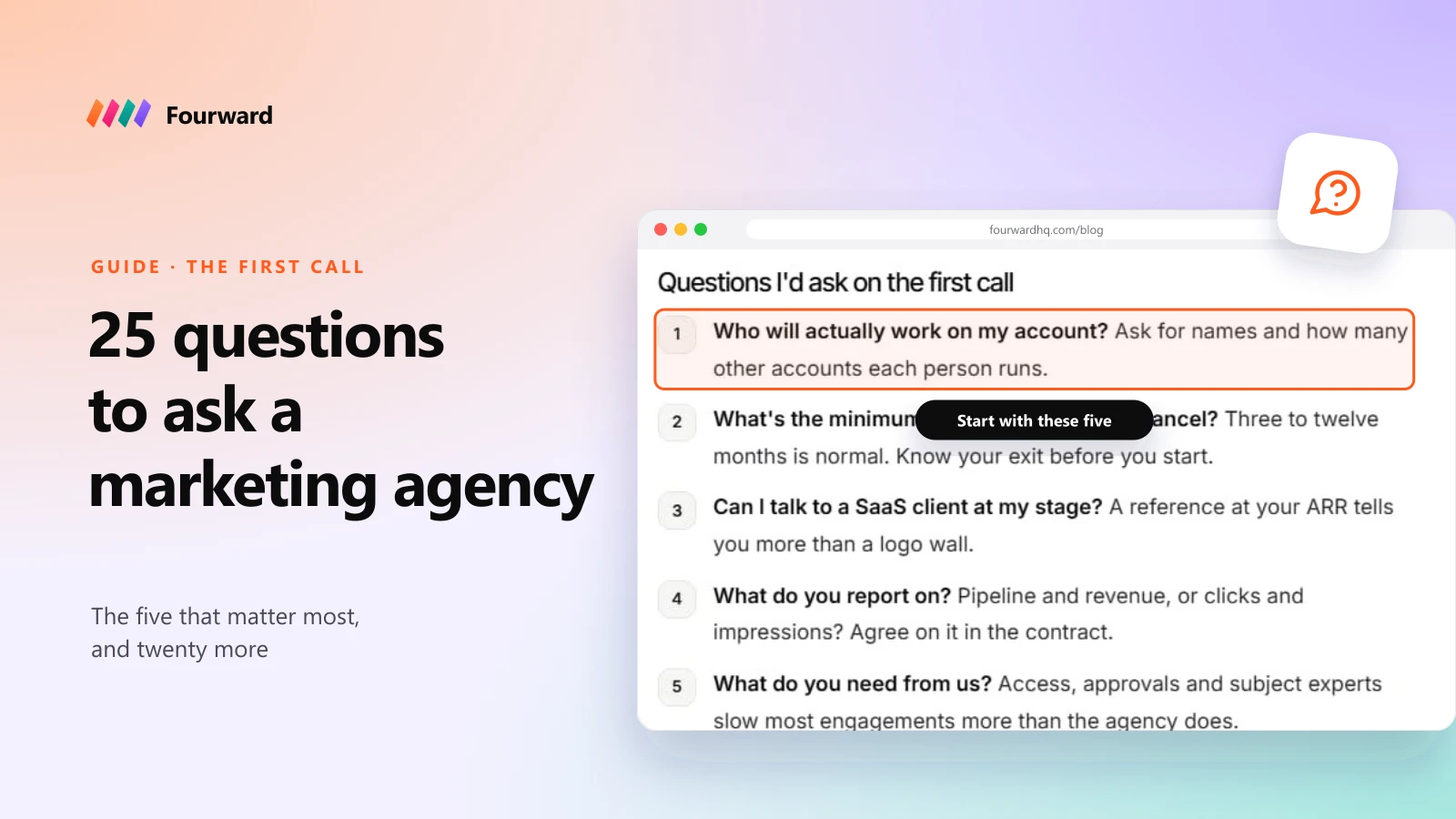 Questions to ask a marketing agency: a list of first-call questions in a browser frame, with the first question highlighted.