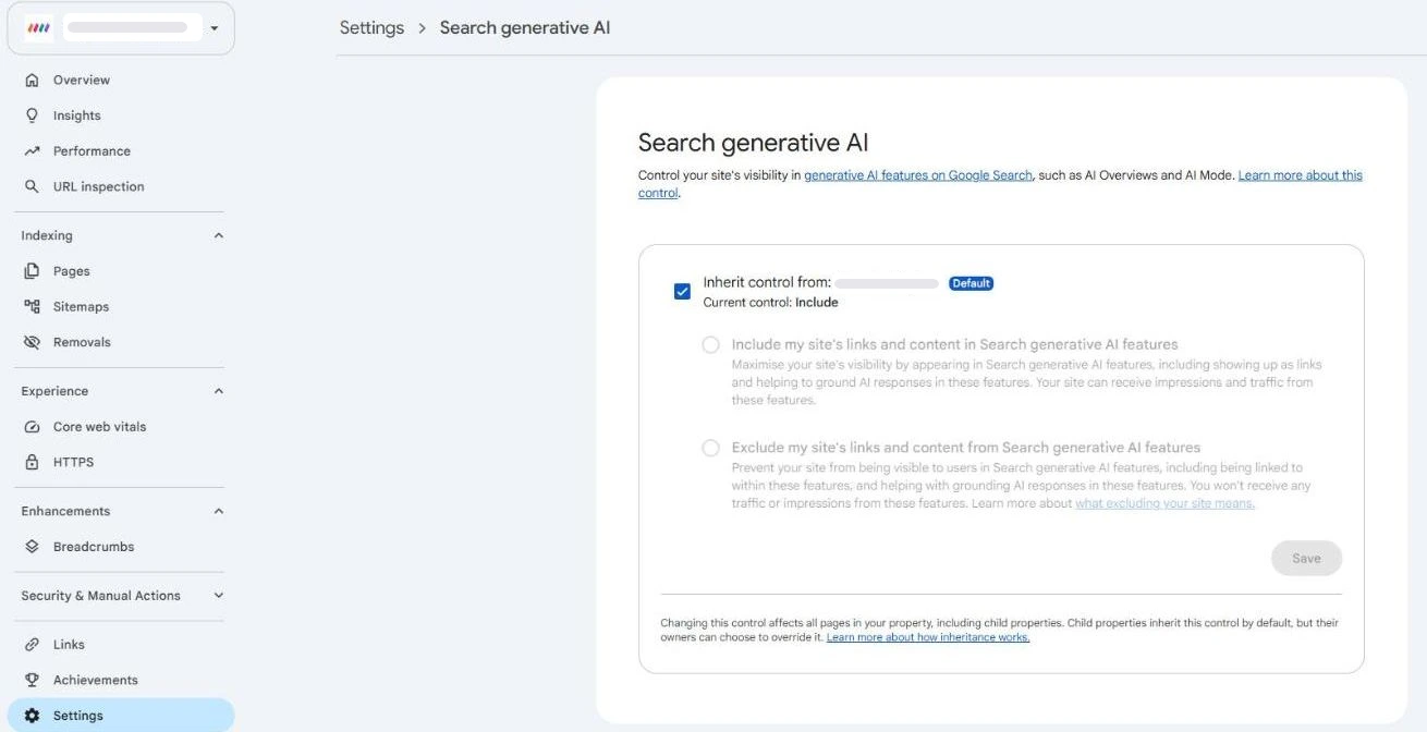 Google Search Console with Settings highlighted in the left menu, opening the Search generative AI setting, with options to include or exclude the site's links and content from Search generative AI features.