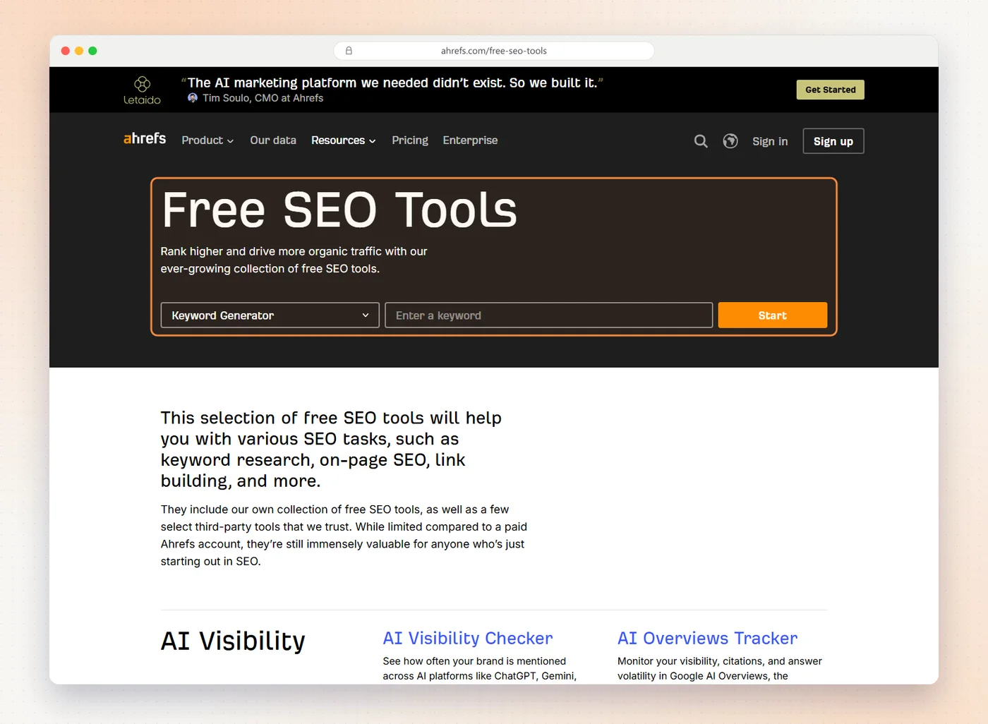 Ahrefs' free SEO tools page with the title and the keyword generator tool highlighted, followed by AI visibility tools.