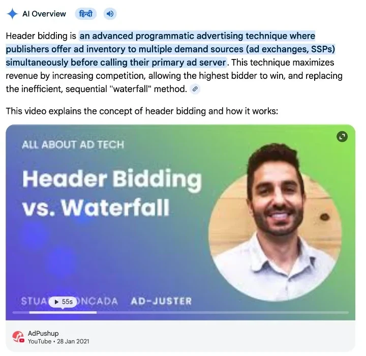 Google's AI Overview for header bidding, defining the term and showing a YouTube video from AdPushup's channel that explains header bidding versus the waterfall.