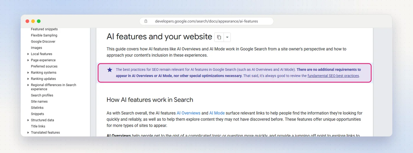 Google Search Central's AI features page with the note highlighted: there are no additional requirements to appear in AI Overviews or AI Mode, nor other special optimizations necessary.