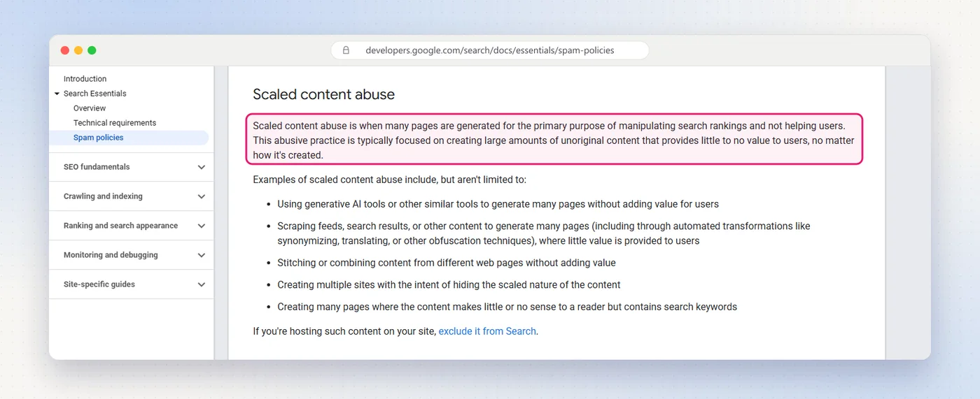 Google's spam policies page defining scaled content abuse as many pages generated to manipulate search rankings and not help users, with examples listed below.