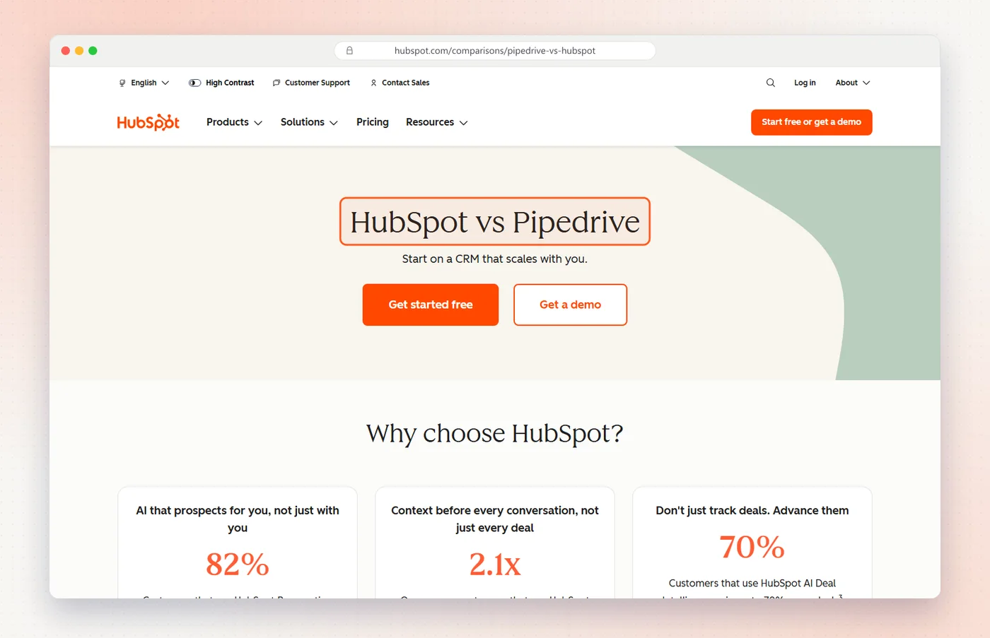HubSpot's HubSpot vs Pipedrive comparison page, with the title highlighted, a get started free button and a get a demo button.