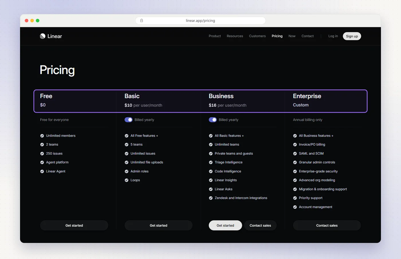 Linear's pricing page listing four plans with their prices: Free at $0, Basic at $10 and Business at $16 per user a month, and Enterprise at a custom price.