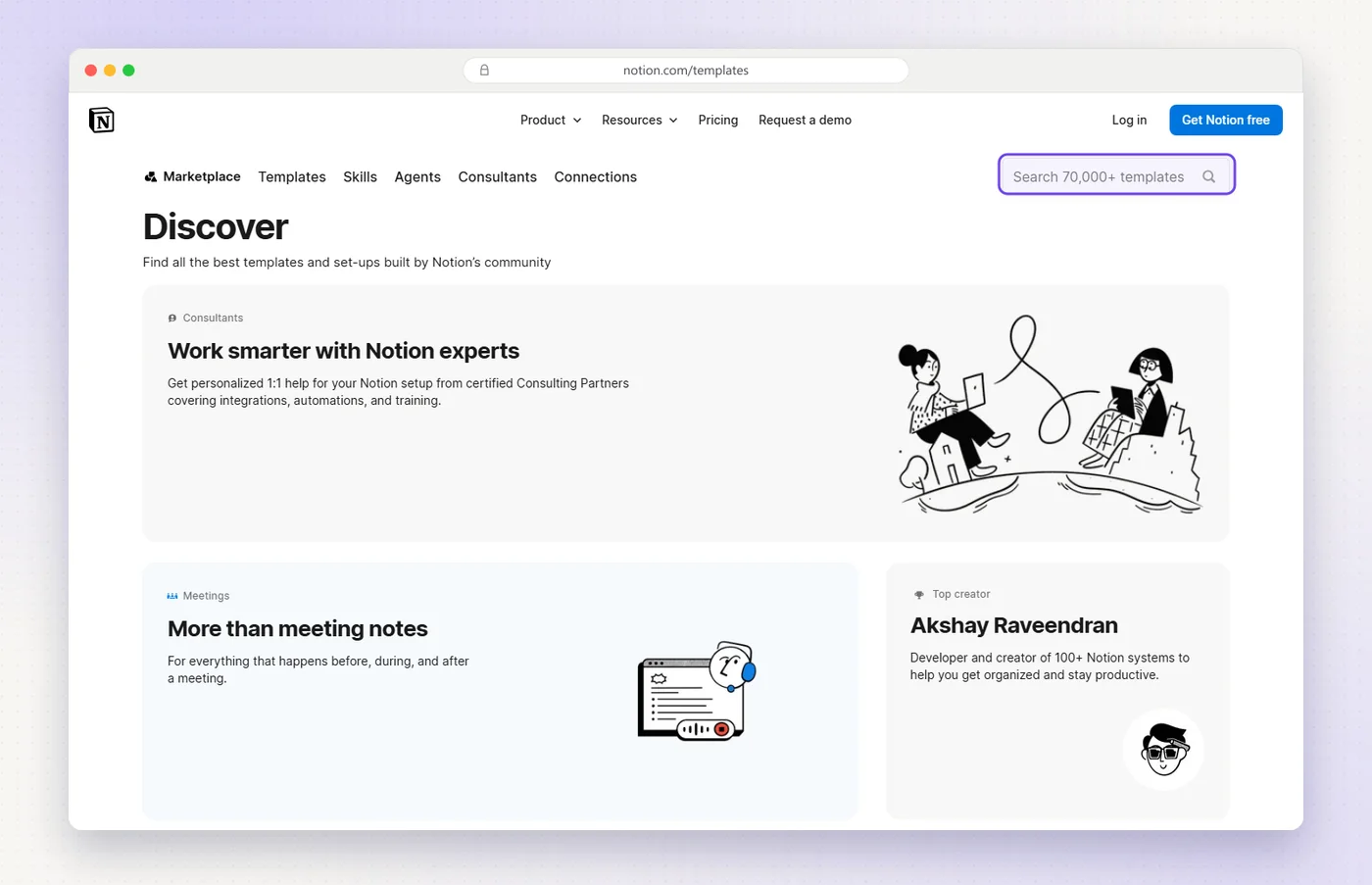 Notion's template marketplace, with the search box reading search 70,000+ templates highlighted.