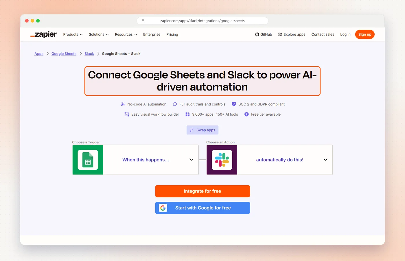 Zapier's Google Sheets and Slack integration page, with the title highlighted, a trigger and action picker, and integrate for free buttons.